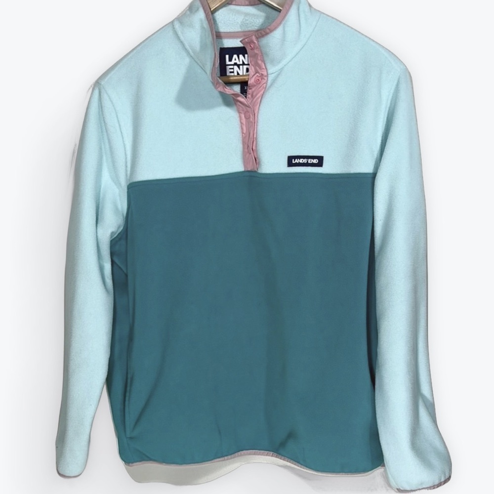 Lands' End Teal and Light Blue Fleece with Pink Trim